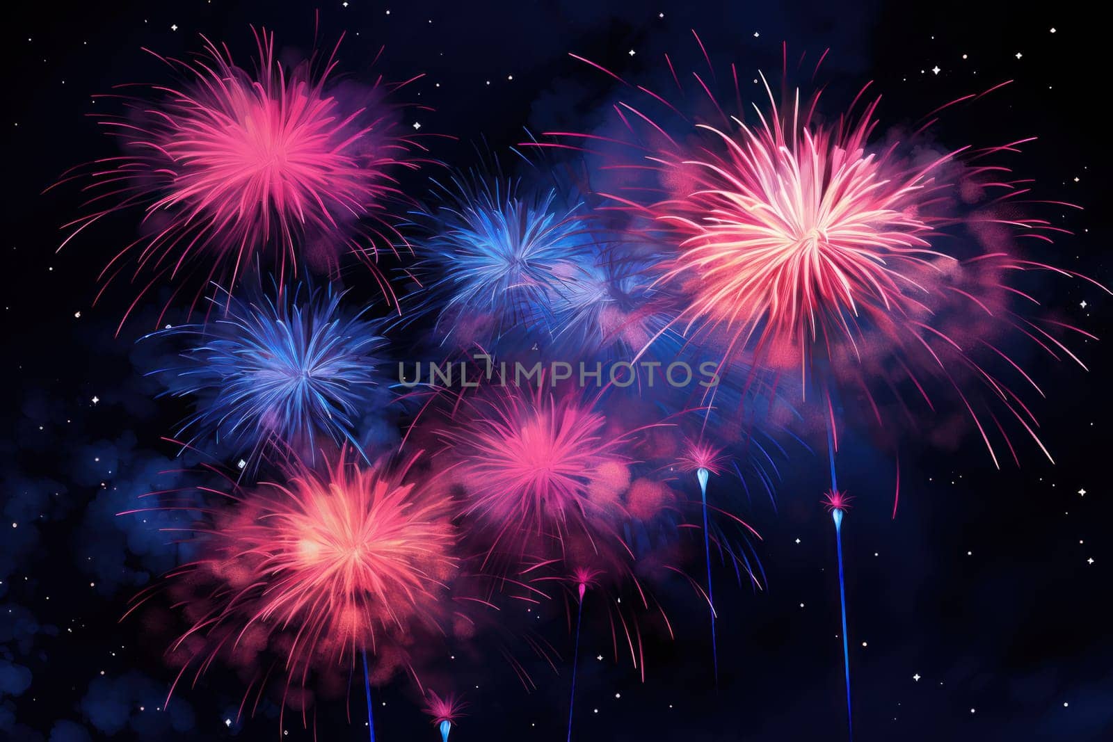 An electrifying display of winter's nocturnal splendor, featuring the dazzling spectacle of New Year's Eve fireworks and other seasonal celebrations.