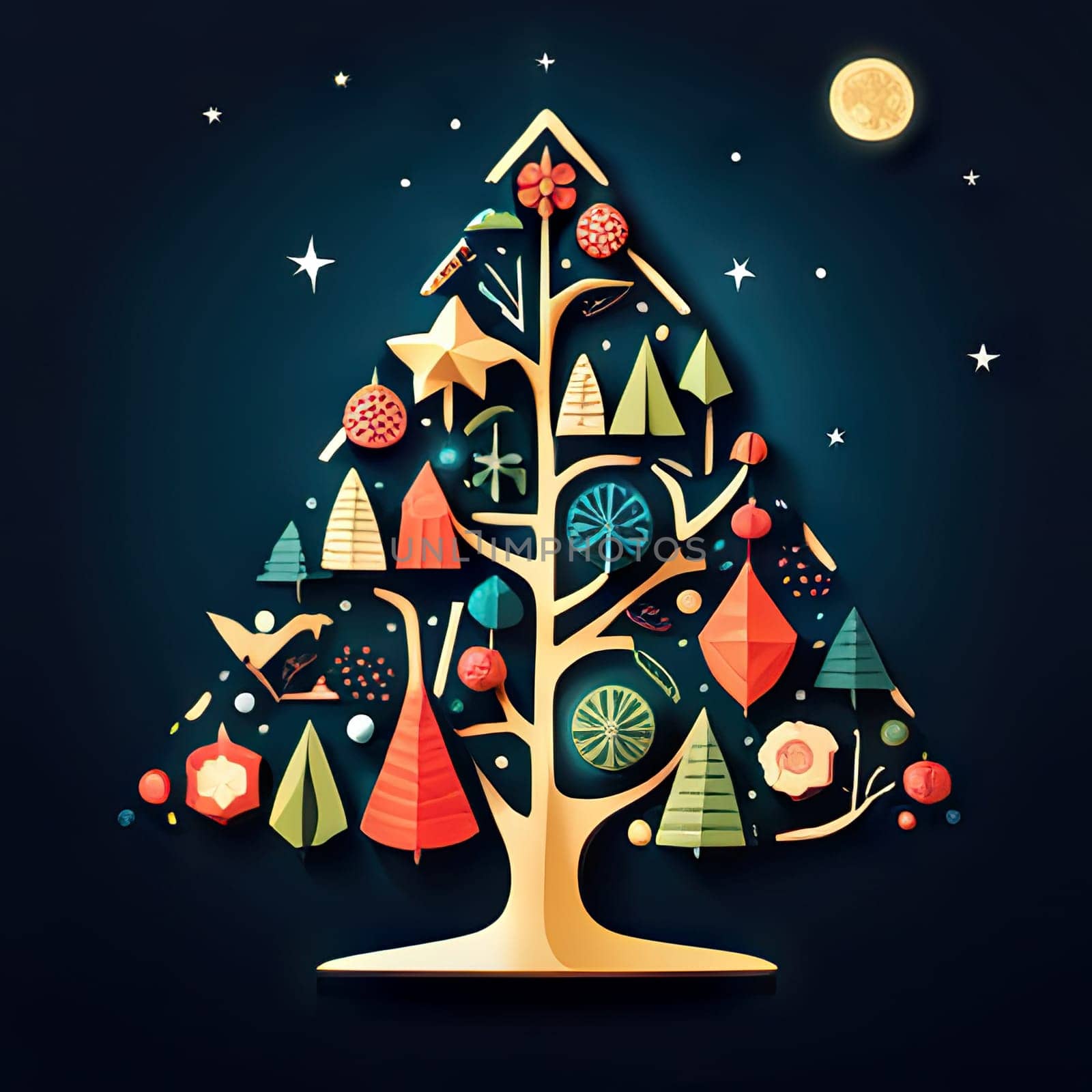 Christmas greeting card concept with festive background and Christmas tree with decorations