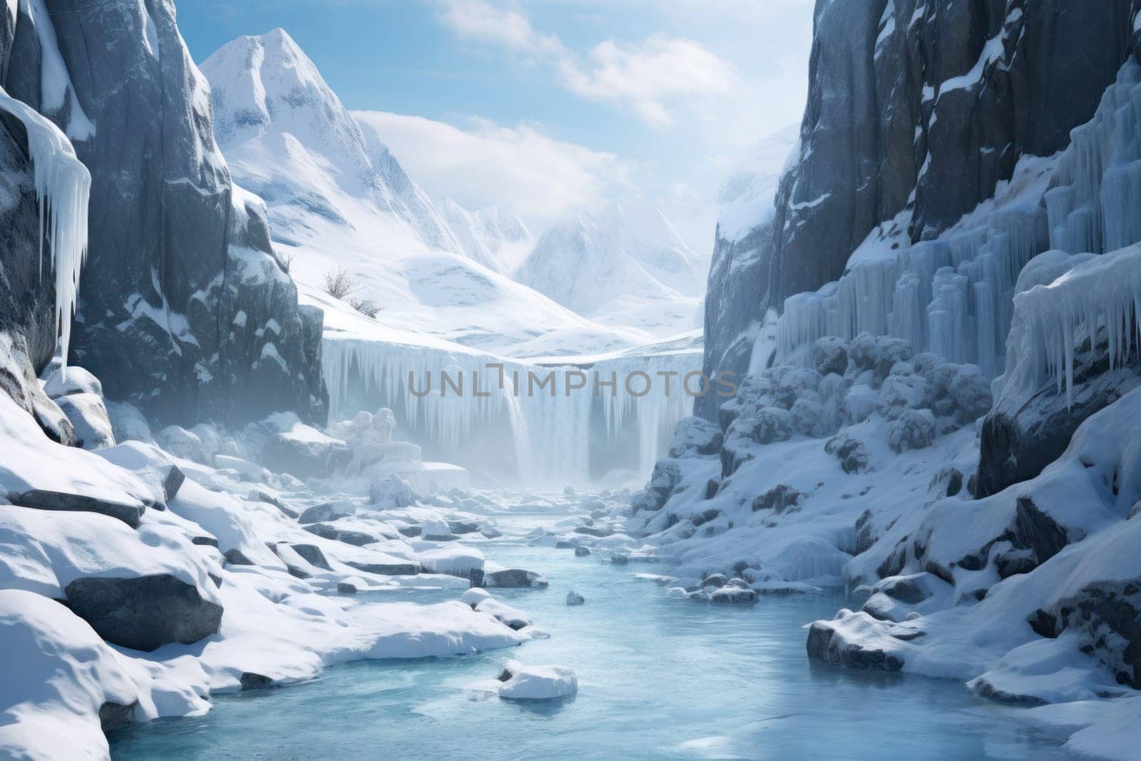 A mesmerizing display of the winter landscape, focusing on the distinctive and captivating frozen waterfalls found in chilly regions.