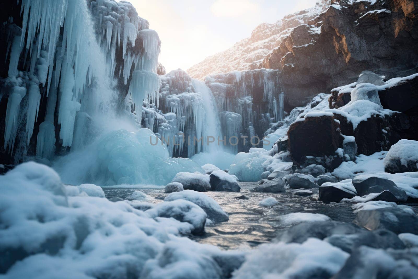 A mesmerizing display of the winter landscape, focusing on the distinctive and captivating frozen waterfalls found in chilly regions.