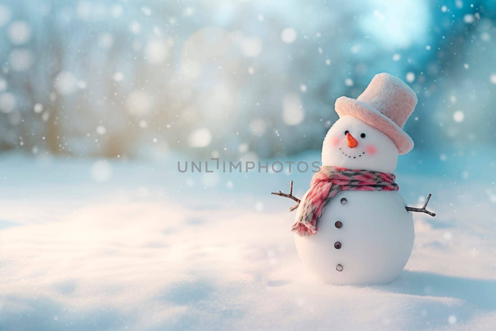 A snowman standing on the background of a winter landscape by Spirina