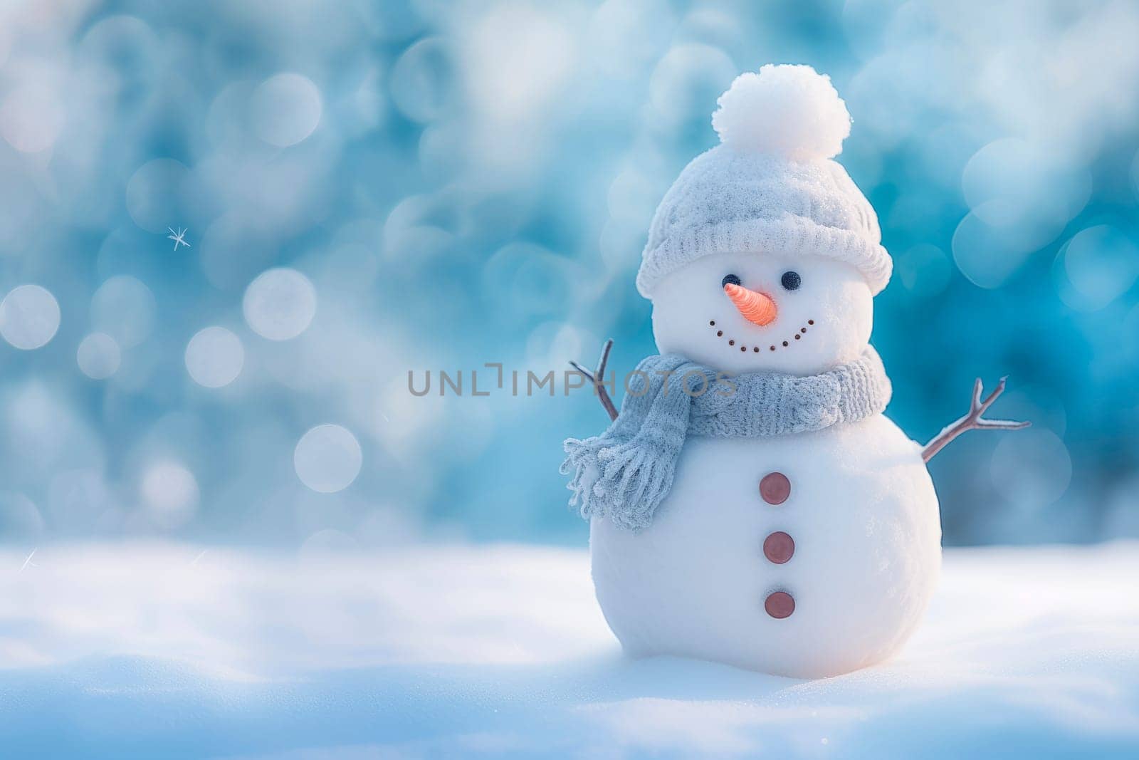 A snowman standing on the background of a winter landscape by Spirina