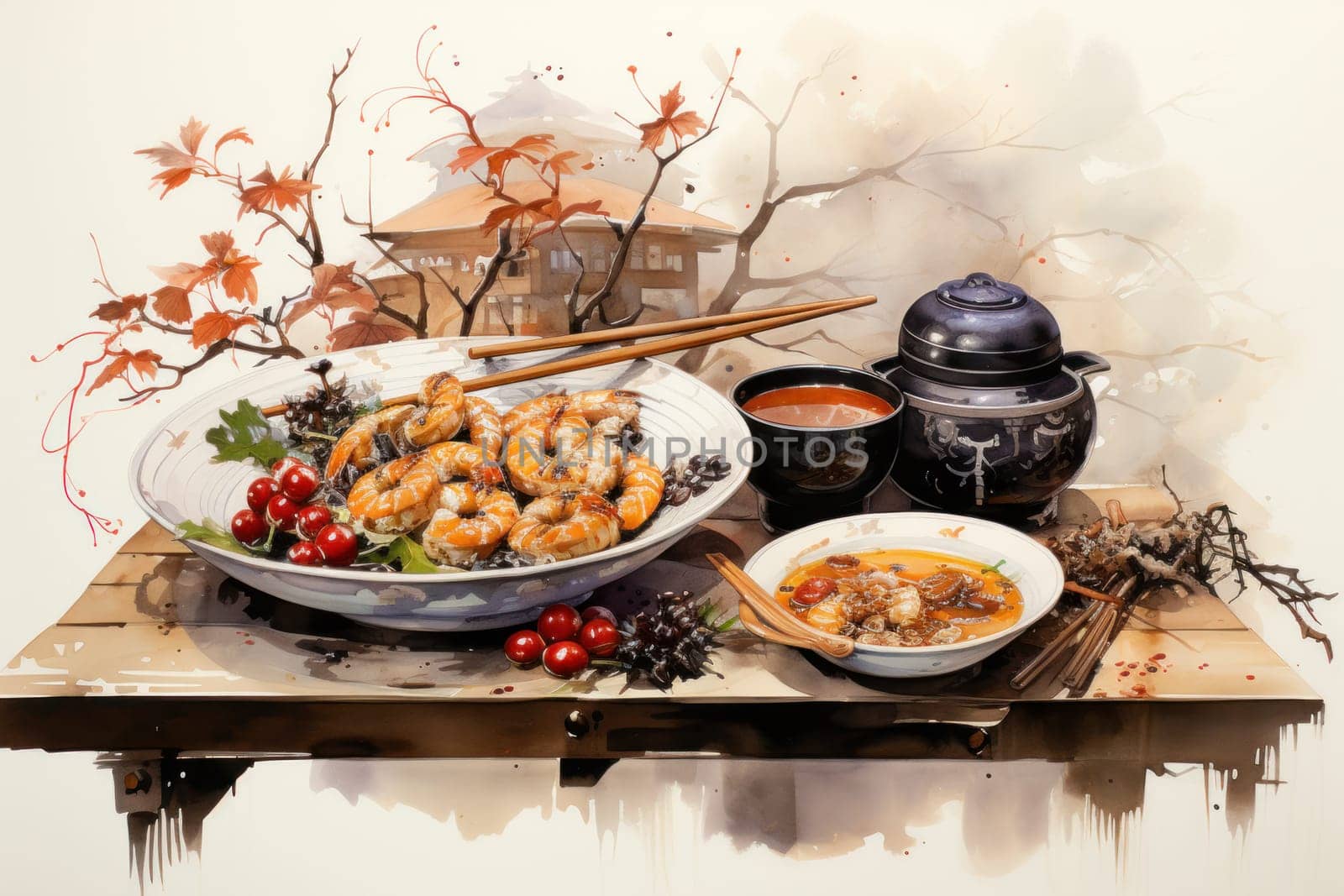A mouthwatering portrayal of winter's culinary delights, showcasing the artful photography of winter-inspired dishes and beverages like hot soup, roasted chestnuts, and mulled wine.