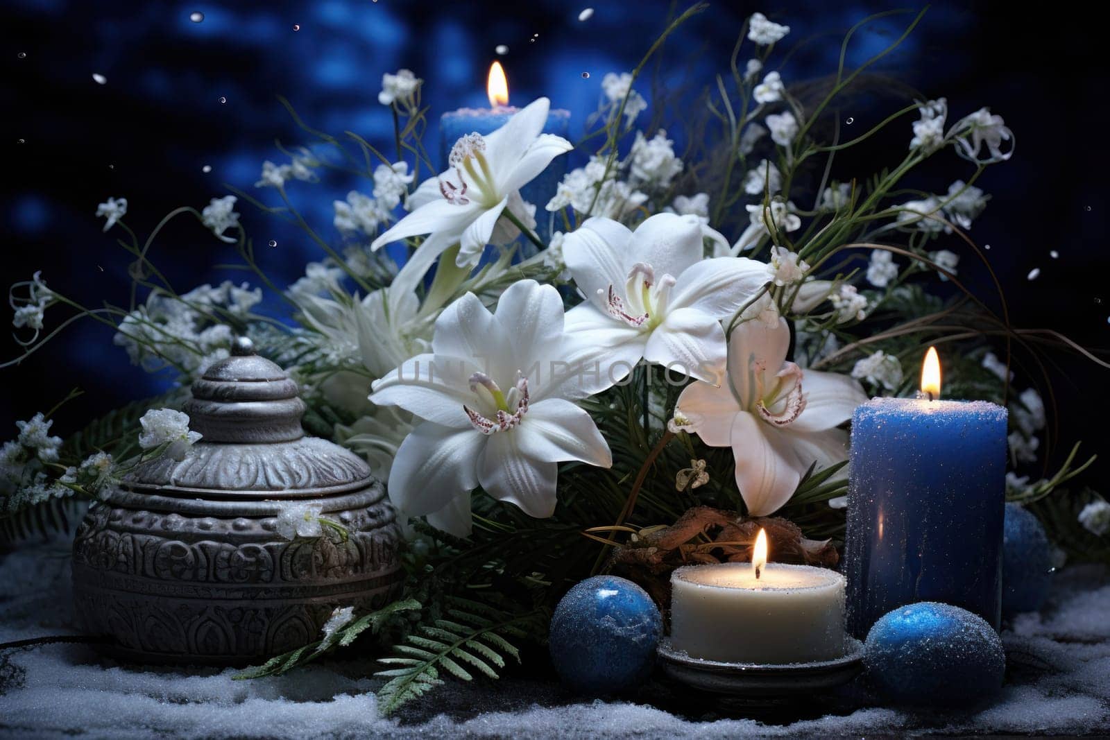 A captivating portrayal of the winter charm, focusing on the creation of cozy and welcoming visuals using the soft glow of candles or lanterns against the snowy backdrop.