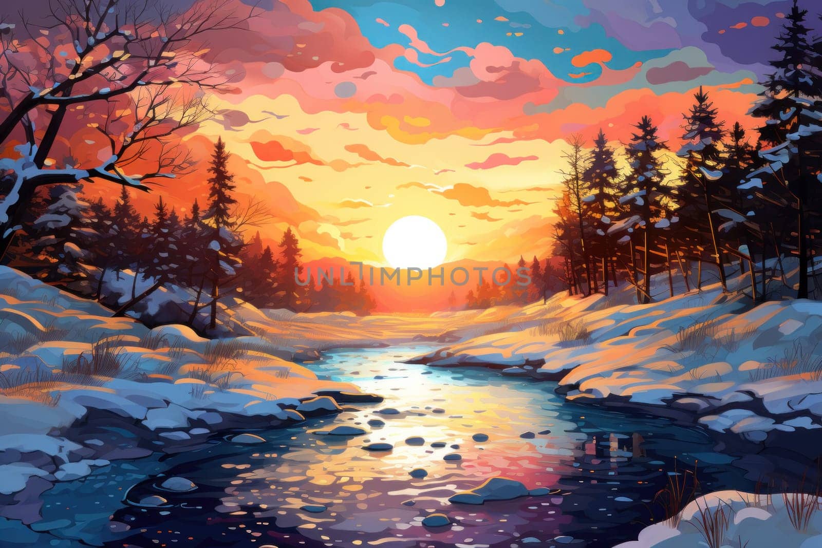 An exquisite visual representation of the winter skies, highlighting the unique color schemes and breathtaking beauty brought by the low-angled sun during winter sunrises and sunsets.