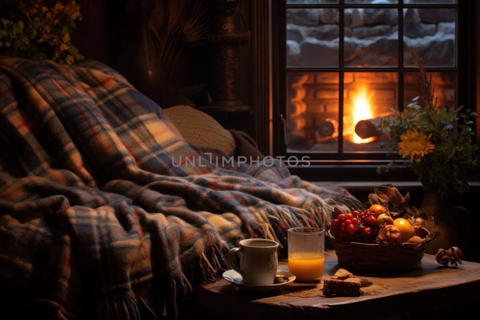 A heartwarming depiction of the winter season's charm, with individuals captured indoors, basking by a crackling fire, indulging in hot cocoa, or cocooned in soft blankets.