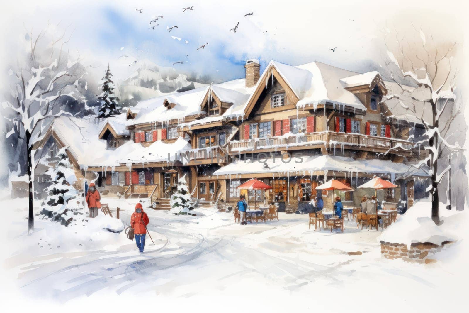 A dynamic portrayal of the winter wonderland at ski resorts, capturing the exhilaration and scenic beauty.