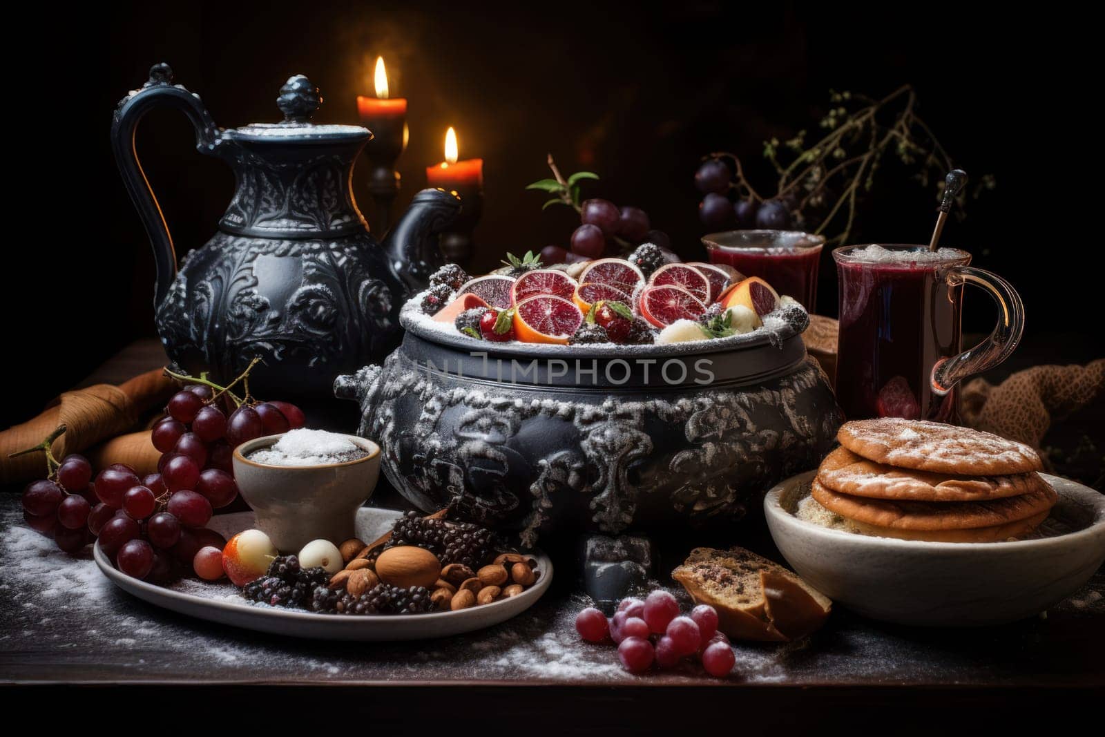 A mouthwatering portrayal of winter's culinary delights, showcasing the artful photography of winter-inspired dishes and beverages like hot soup, roasted chestnuts, and mulled wine.