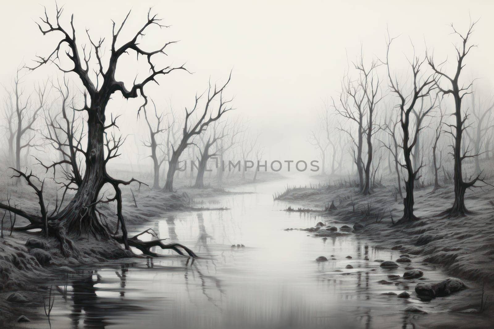 A captivating visual representation of the winter ambiance, focusing on the enigmatic allure of fog and mist enveloping the landscape, especially near bodies of water.