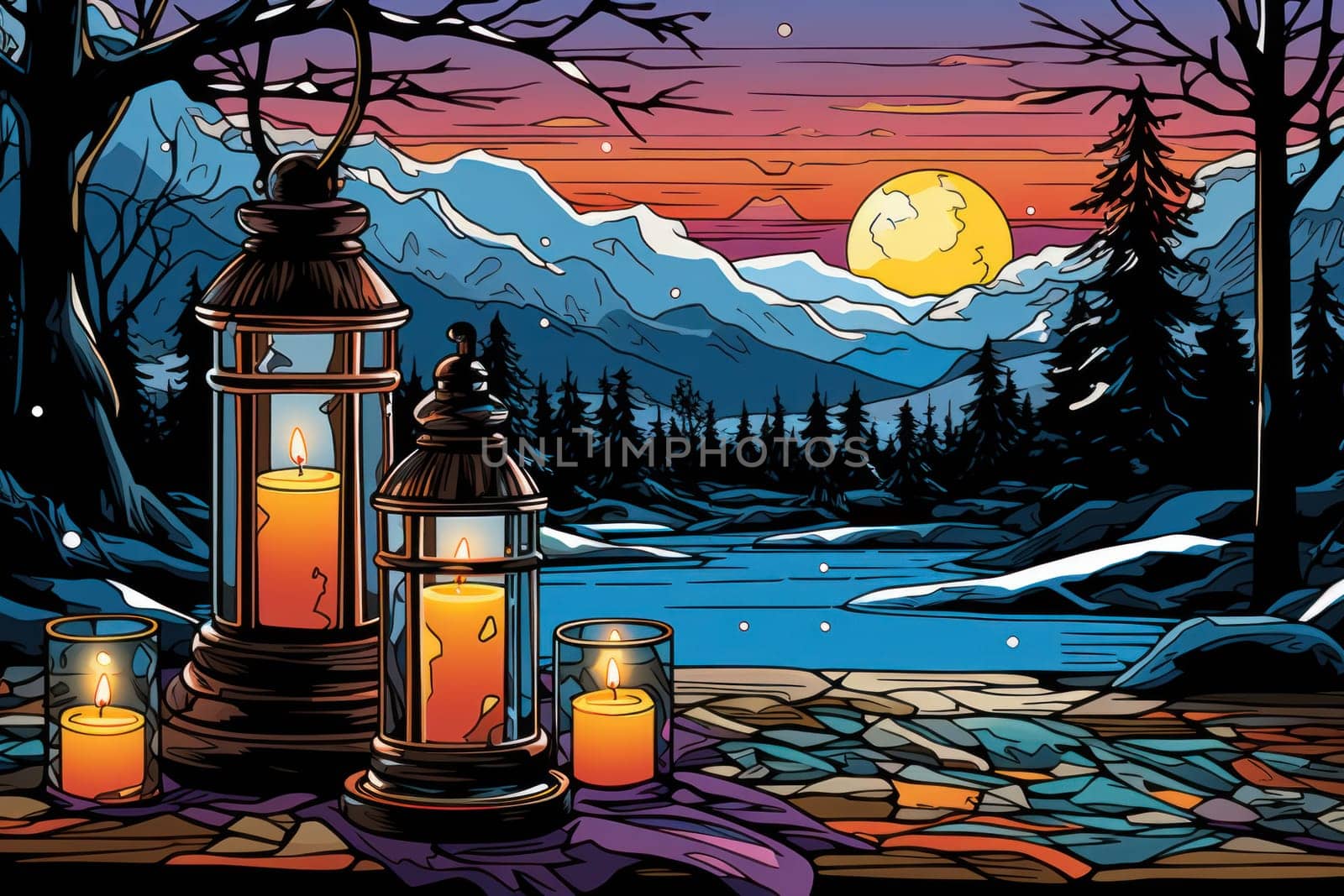 A captivating portrayal of the winter charm, focusing on the creation of cozy and welcoming visuals using the soft glow of candles or lanterns against the snowy backdrop.