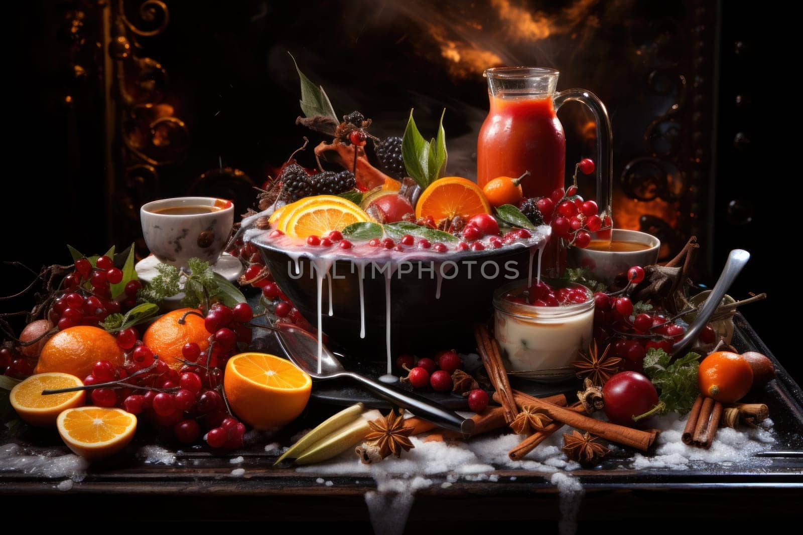 A mouthwatering portrayal of winter's culinary delights, showcasing the artful photography of winter-inspired dishes and beverages like hot soup, roasted chestnuts, and mulled wine.