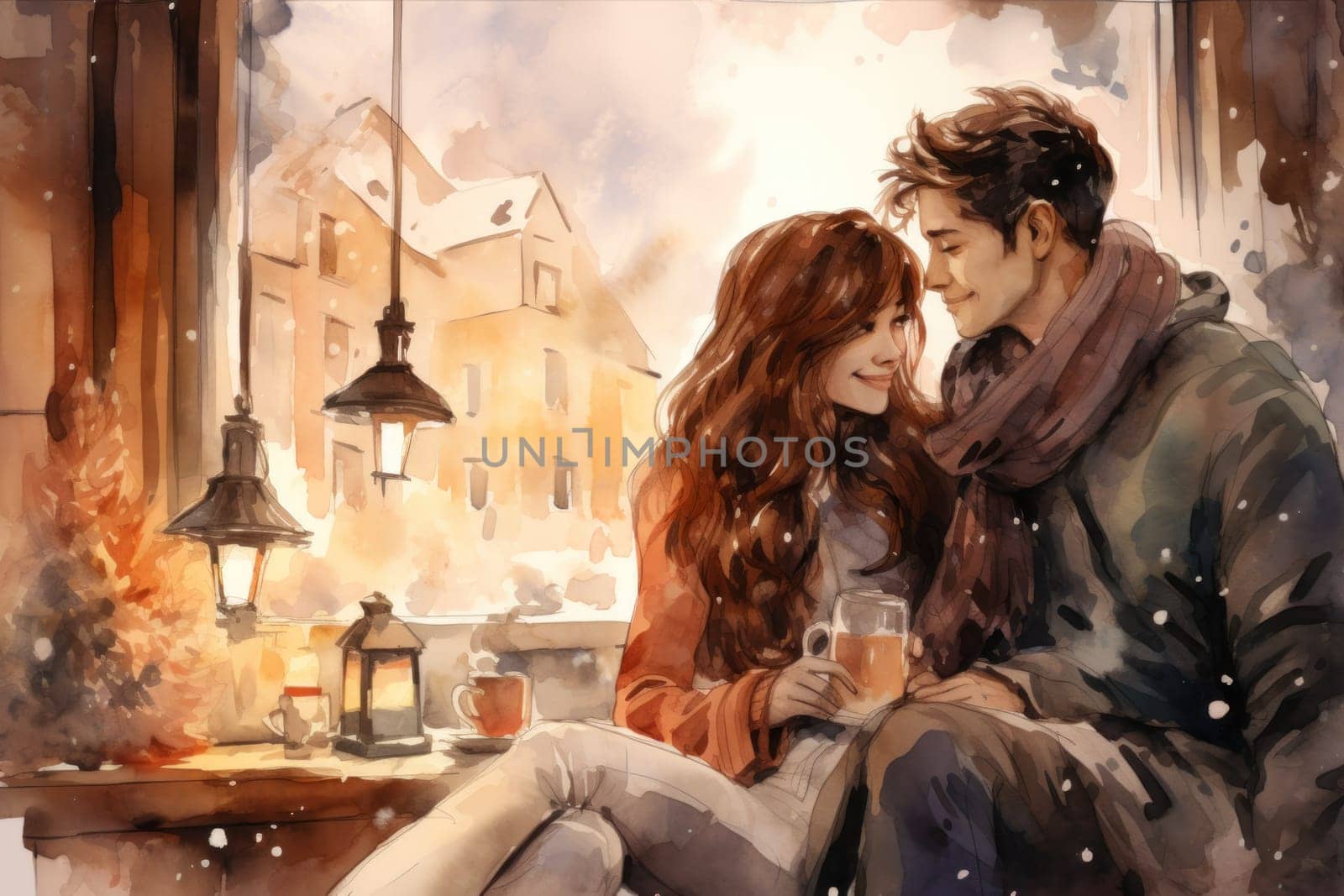A heartwarming depiction of the winter season's charm, with individuals captured indoors, basking by a crackling fire, indulging in hot cocoa, or cocooned in soft blankets.
