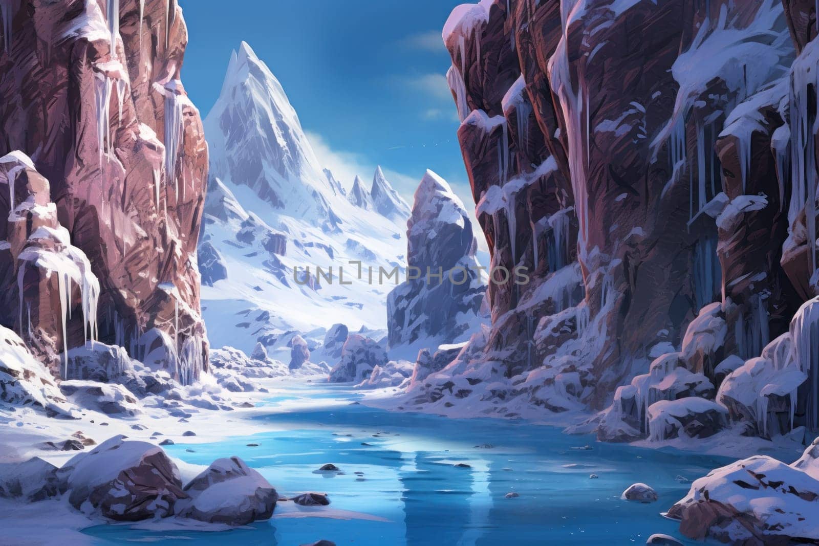 A mesmerizing display of the winter landscape, focusing on the distinctive and captivating frozen waterfalls found in chilly regions.
