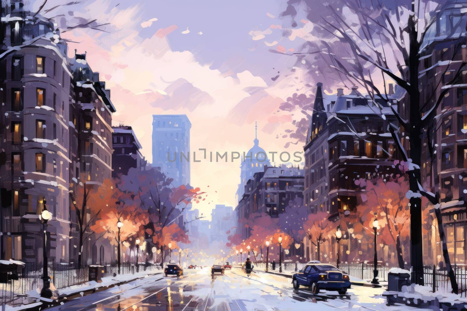 An evocative representation of urban life during winter, focusing on the enchanting vistas of city streets, buildings blanketed in snow, and the warm radiance of streetlights.