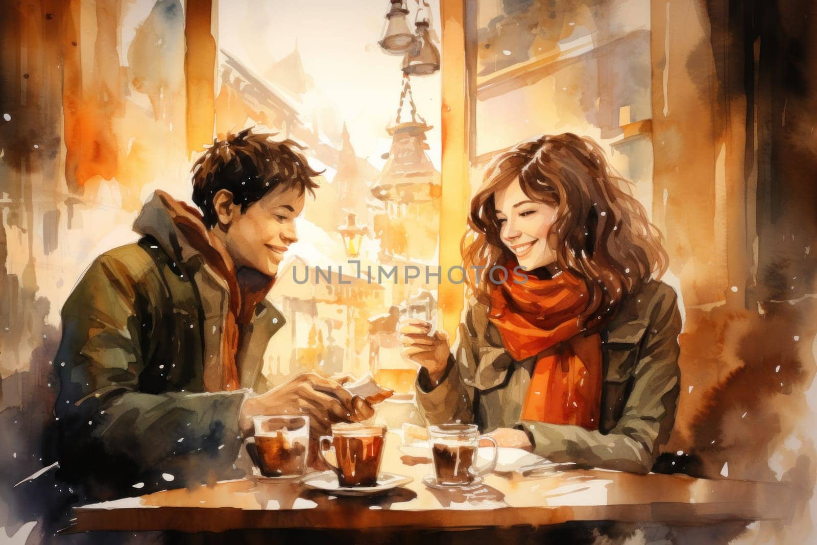 A heartwarming depiction of the winter season's charm, with individuals captured indoors, basking by a crackling fire, indulging in hot cocoa, or cocooned in soft blankets.