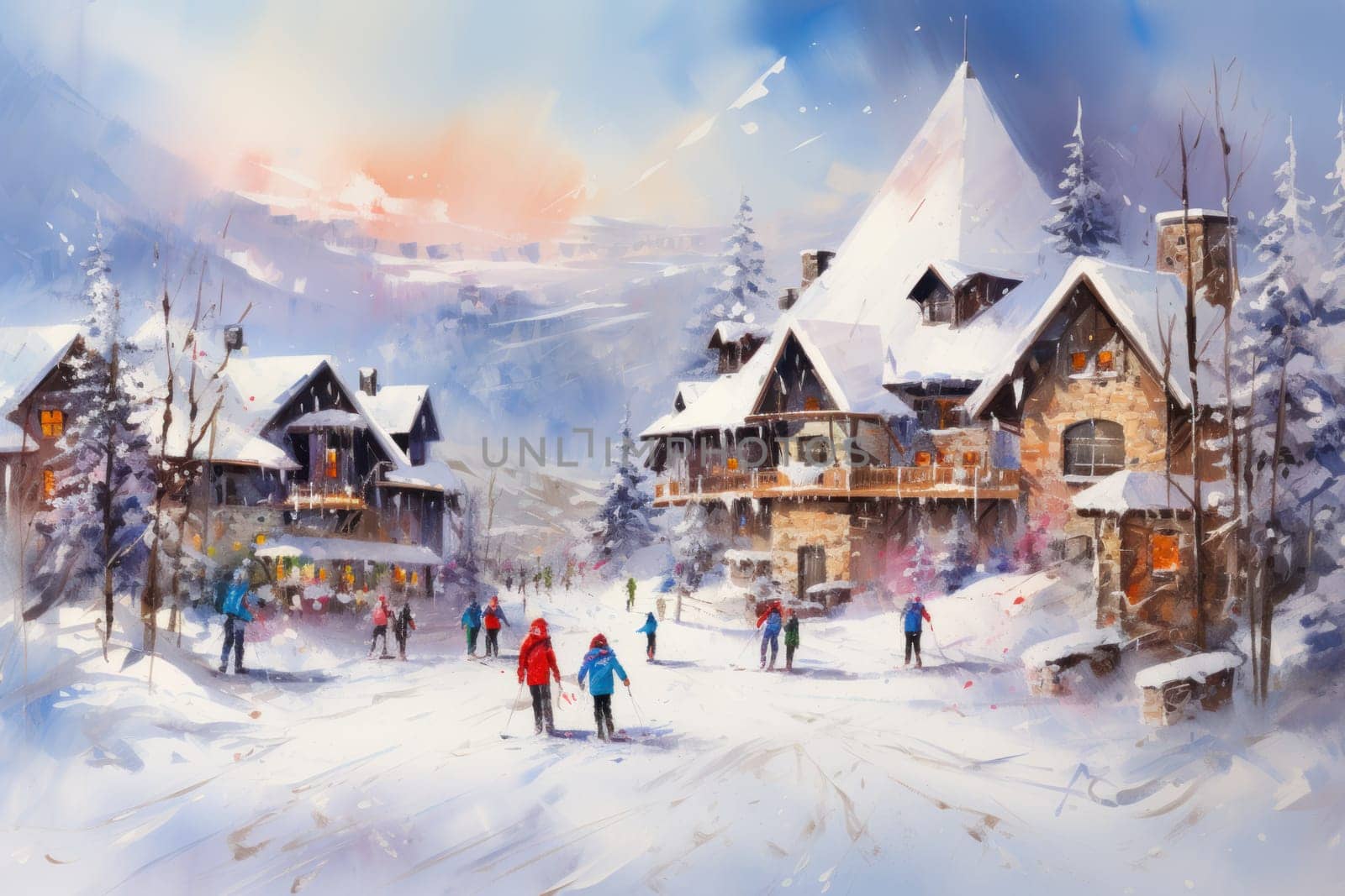 A dynamic portrayal of the winter wonderland at ski resorts, capturing the exhilaration and scenic beauty.