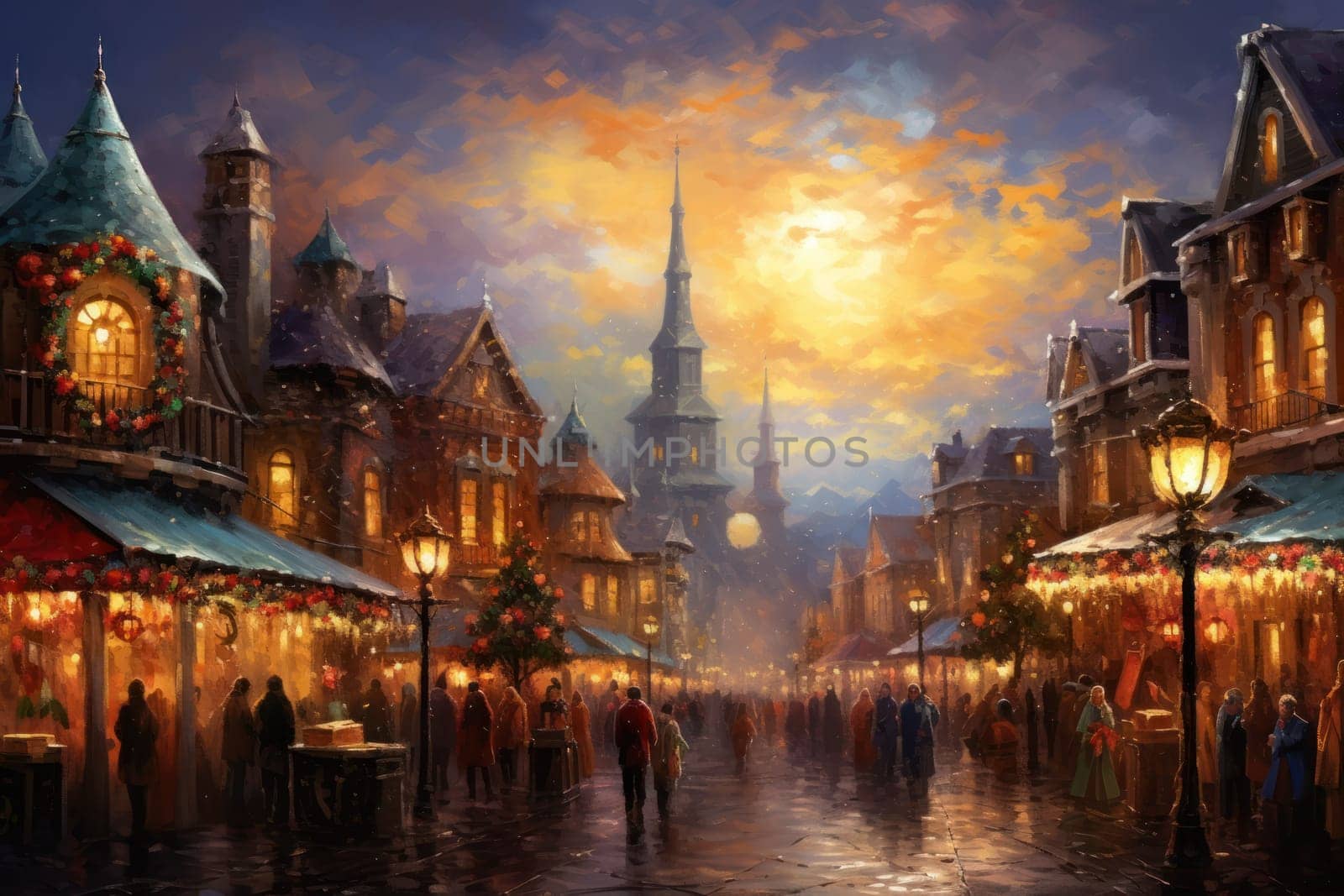 A vibrant depiction of the holiday spirit, capturing the lively ambiance of bustling markets and fairs adorned with festive decorations.