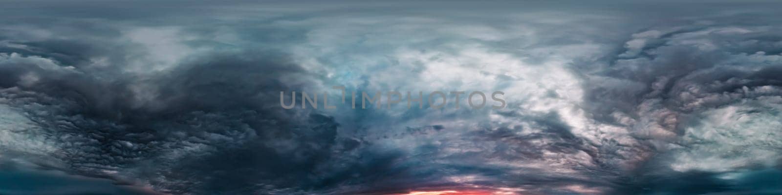 Dramatic overcast sky panorama with dark gloomy Cumulonimbus clouds. HDR 360 seamless spherical panorama. Sky dome in 3D, sky replacement for aerial drone panoramas. Weather and climate change