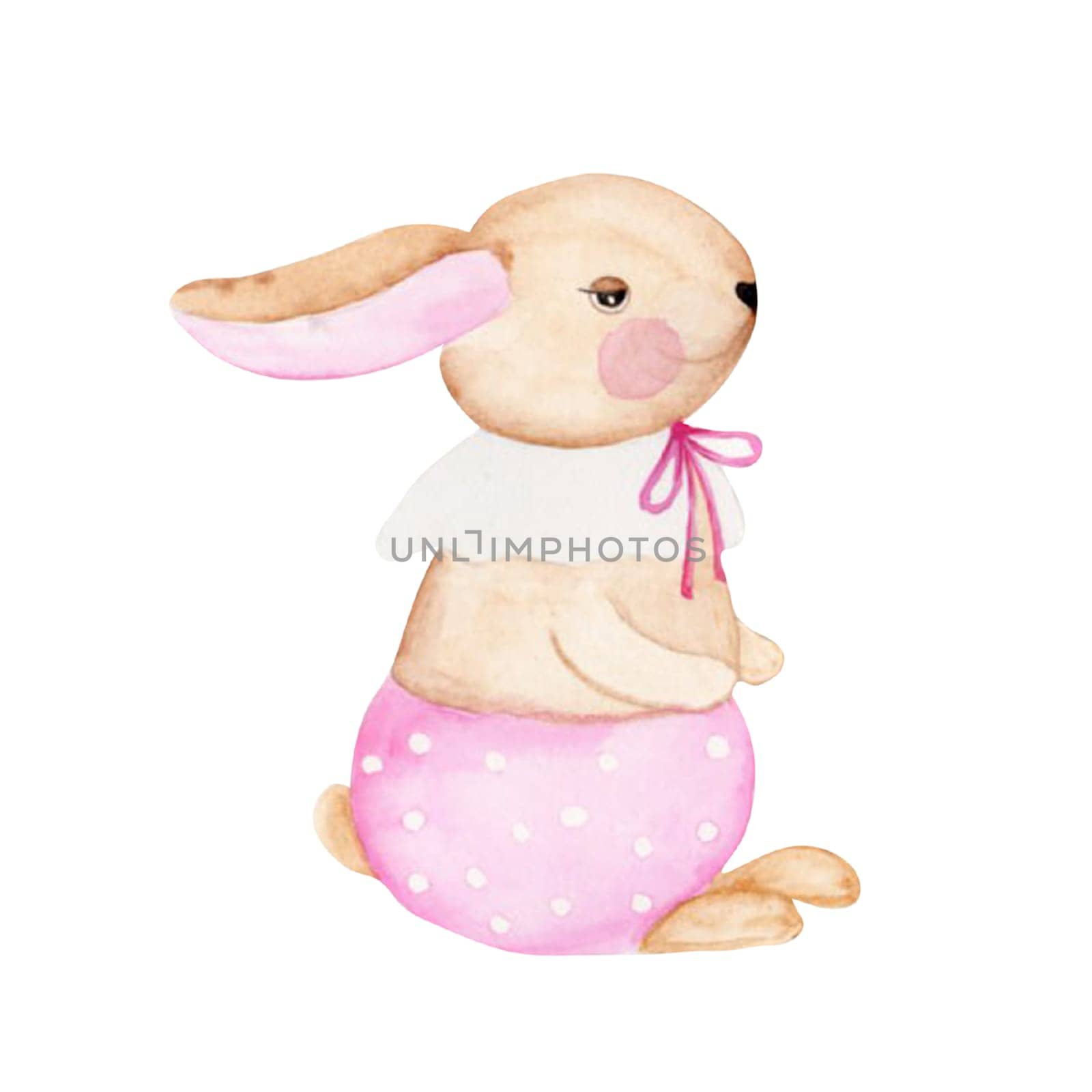 Bunny cute watercolor drawing on a white background isolate. Rabbit in pink pants with a bow. A nice illustration for decorating cards and invitations for Easter and printing on children's textiles. Cartoon hare.