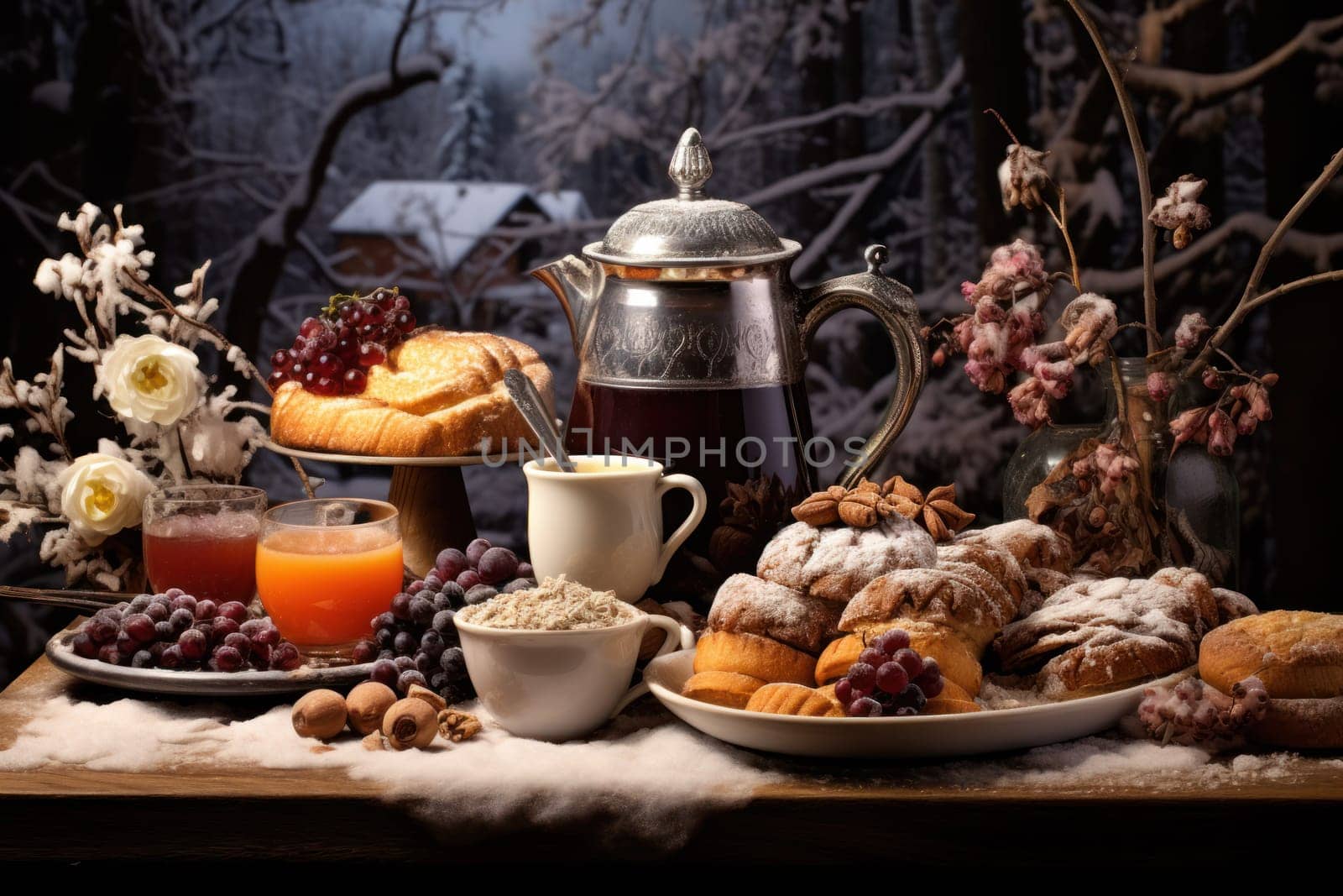 A mouthwatering portrayal of winter's culinary delights, showcasing the artful photography of winter-inspired dishes and beverages like hot soup, roasted chestnuts, and mulled wine.