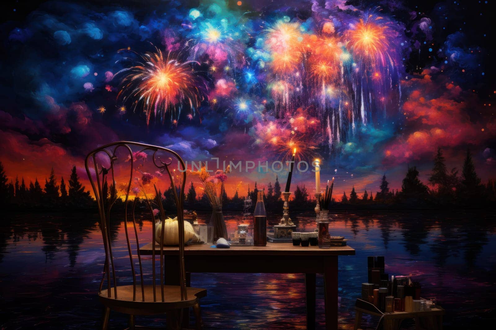 An electrifying display of winter's nocturnal splendor, featuring the dazzling spectacle of New Year's Eve fireworks and other seasonal celebrations.