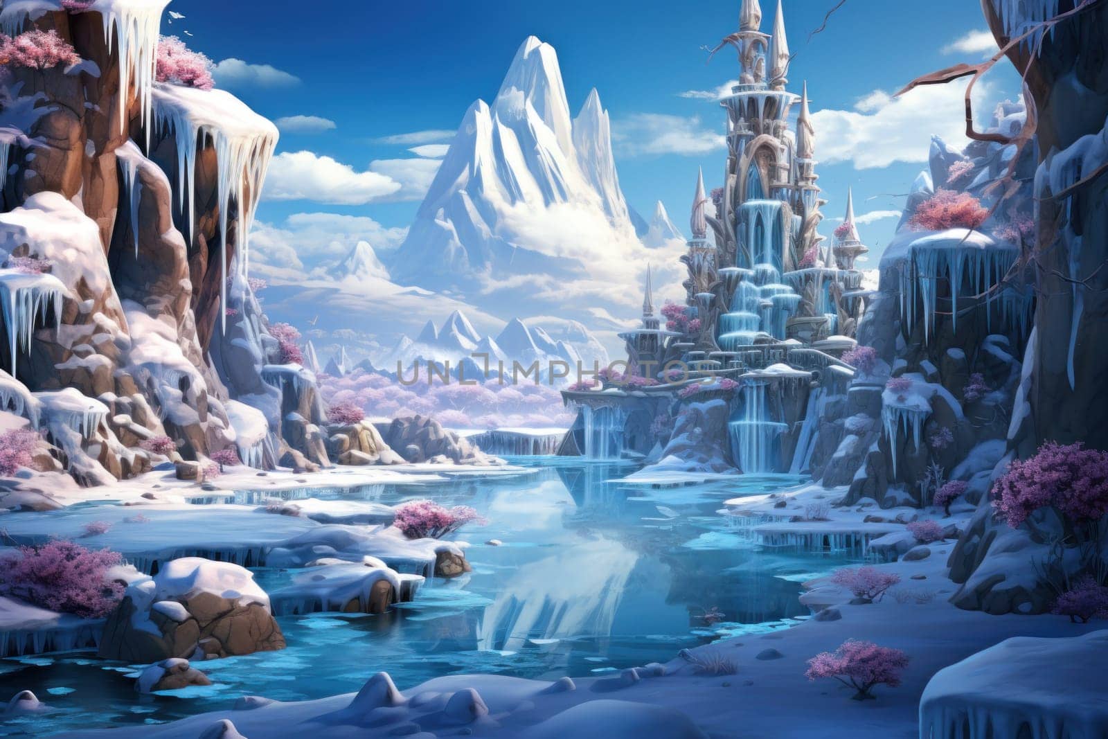 A mesmerizing display of the winter landscape, focusing on the distinctive and captivating frozen waterfalls found in chilly regions.