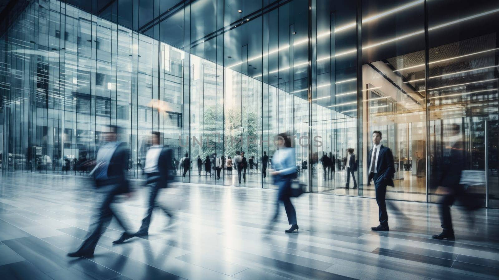 Business people rushing in office lobby with motion blur