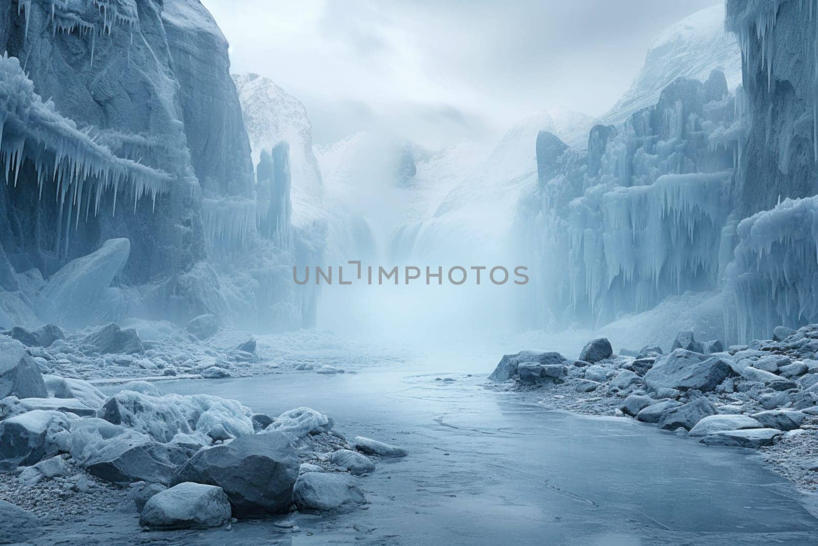 A mesmerizing display of the winter landscape, focusing on the distinctive and captivating frozen waterfalls found in chilly regions.