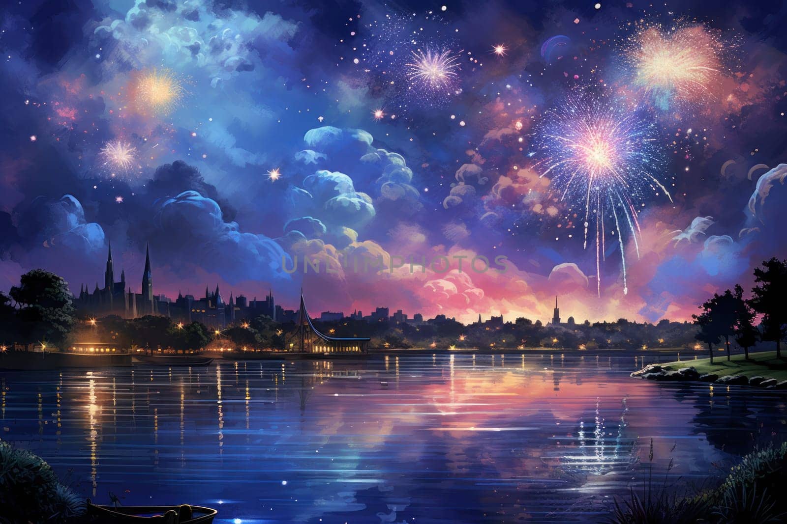 An electrifying display of winter's nocturnal splendor, featuring the dazzling spectacle of New Year's Eve fireworks and other seasonal celebrations.