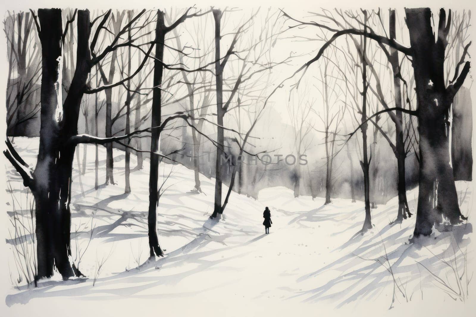 A striking visual display of the winter season, utilizing the extended shadows and sharp differences in lighting to craft captivating silhouettes against the snowy backdrop.