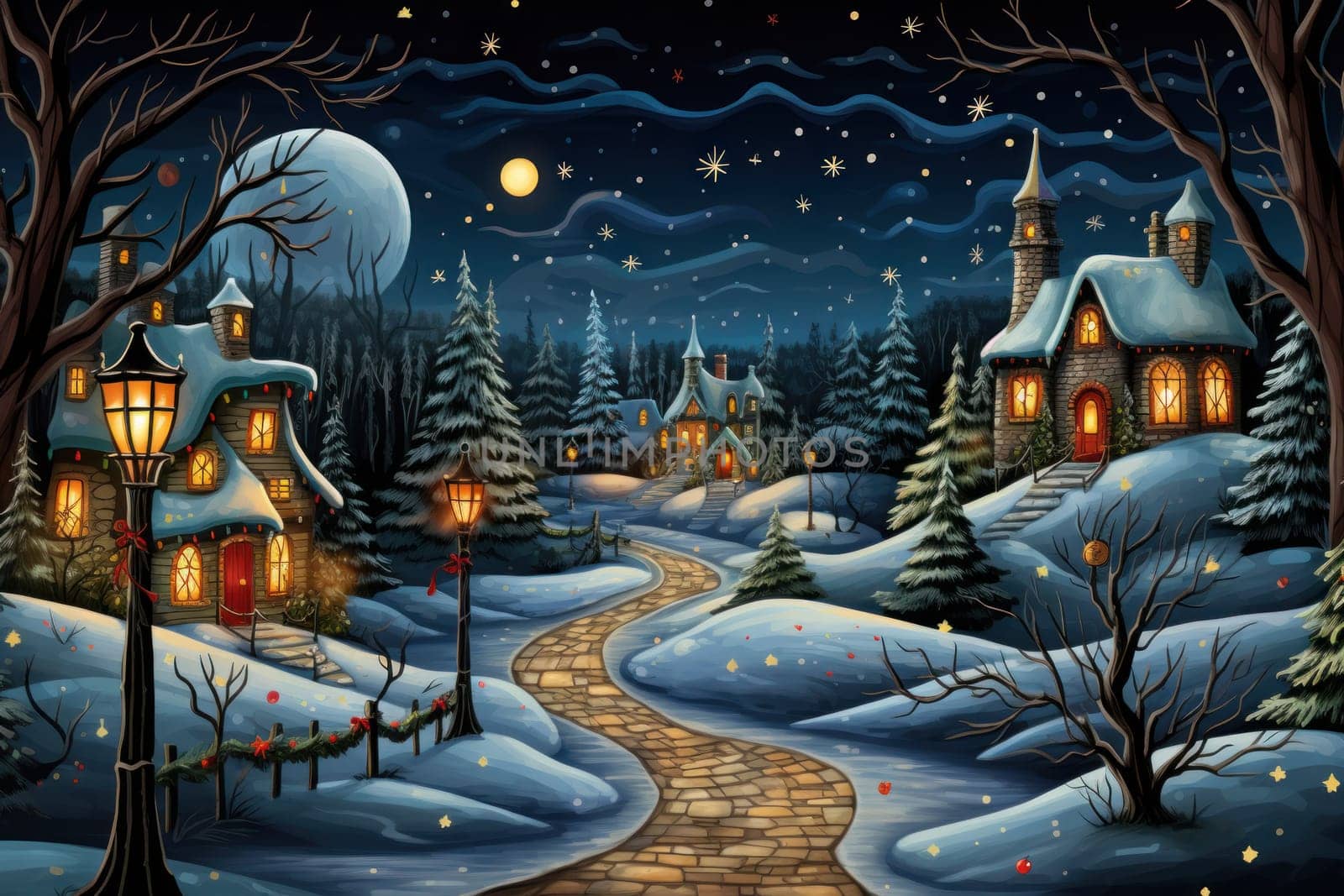 A captivating portrayal of the winter charm, focusing on the creation of cozy and welcoming visuals using the soft glow of candles or lanterns against the snowy backdrop.