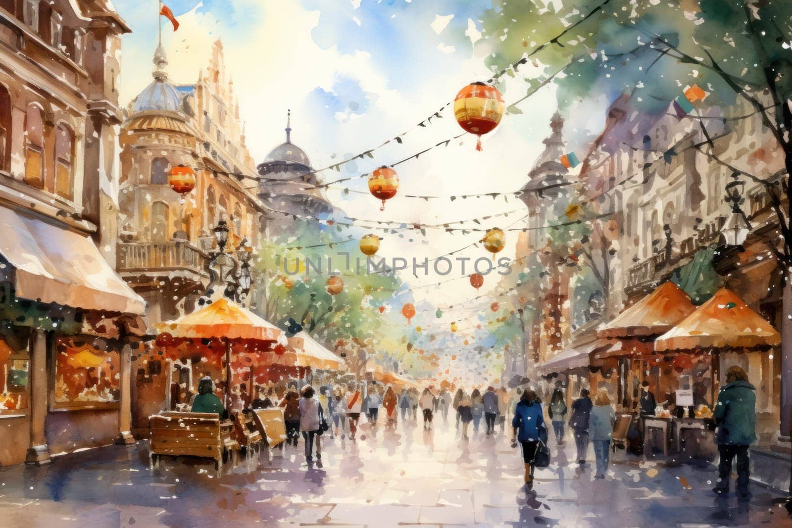 A vibrant depiction of the holiday spirit, capturing the lively ambiance of bustling markets and fairs adorned with festive decorations.