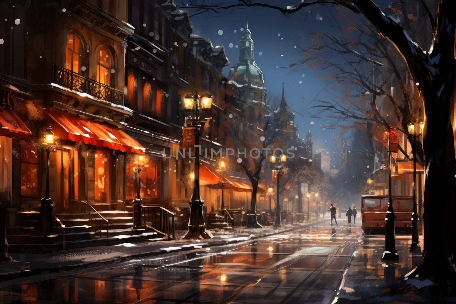 An evocative representation of urban life during winter, focusing on the enchanting vistas of city streets, buildings blanketed in snow, and the warm radiance of streetlights.