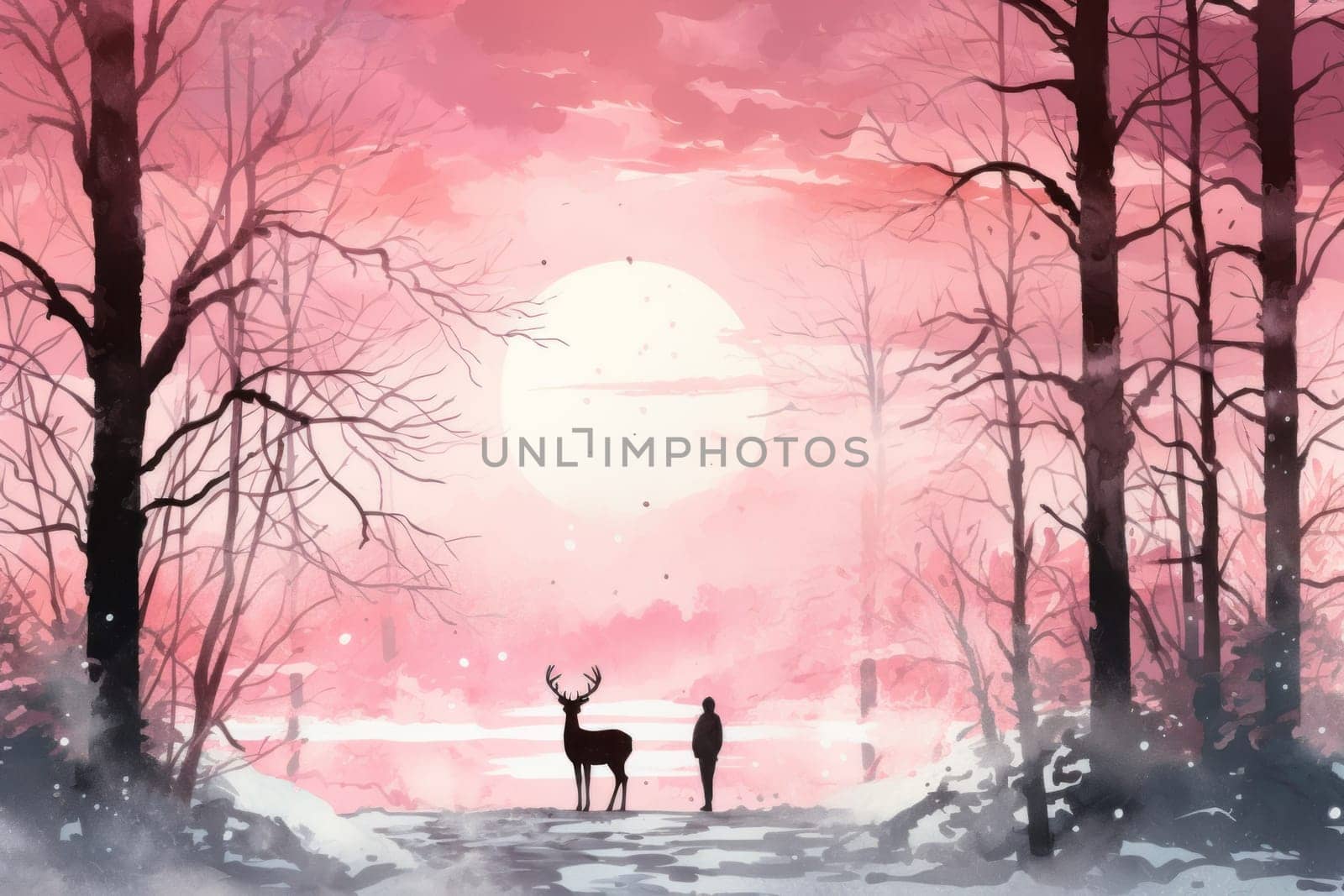 A striking visual display of the winter season, utilizing the extended shadows and sharp differences in lighting to craft captivating silhouettes against the snowy backdrop.