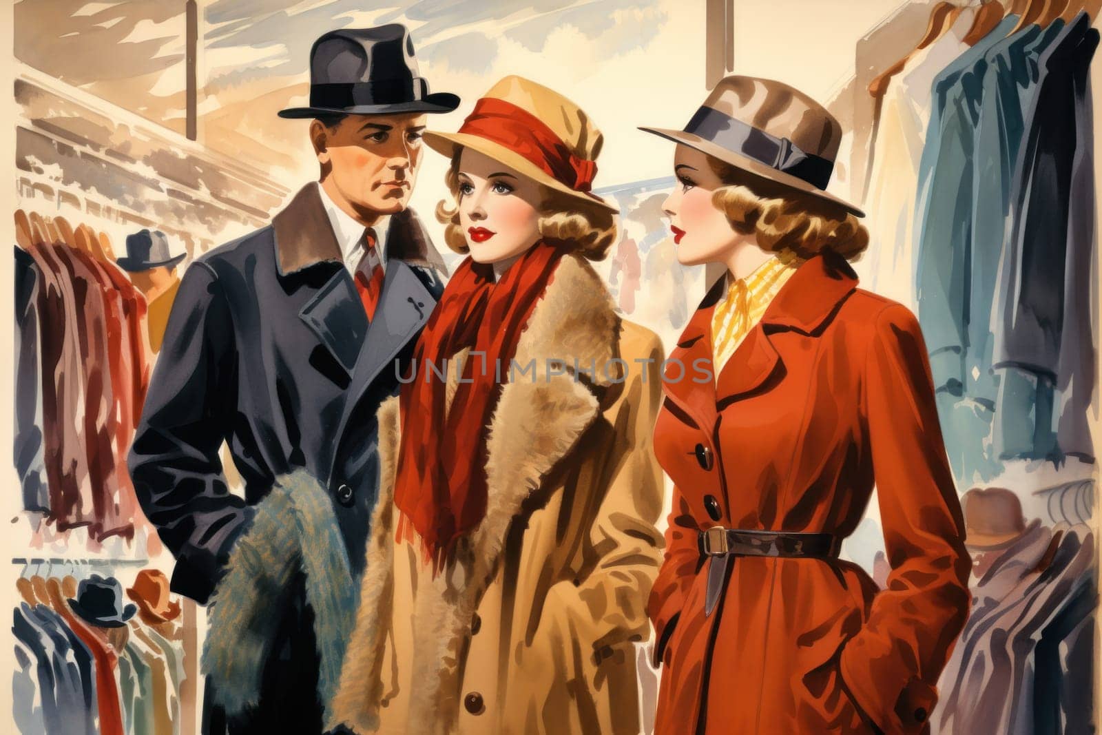 A chic portrayal of the winter season's fashion, highlighting stylish winter attire, including scarves, hats, and coats. This composition captures the elegance and coziness of winter wardrobe.