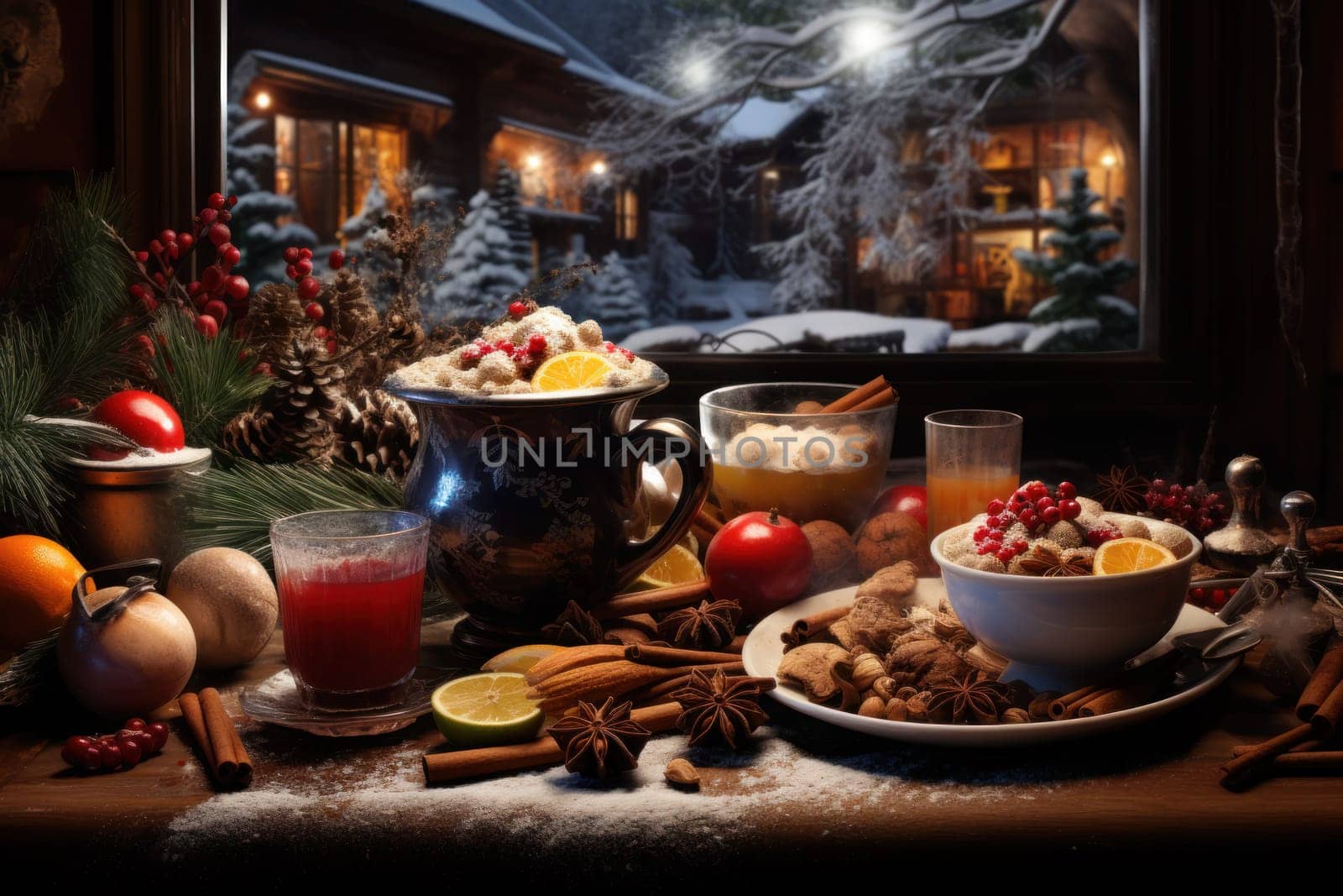 A mouthwatering portrayal of winter's culinary delights, showcasing the artful photography of winter-inspired dishes and beverages like hot soup, roasted chestnuts, and mulled wine.