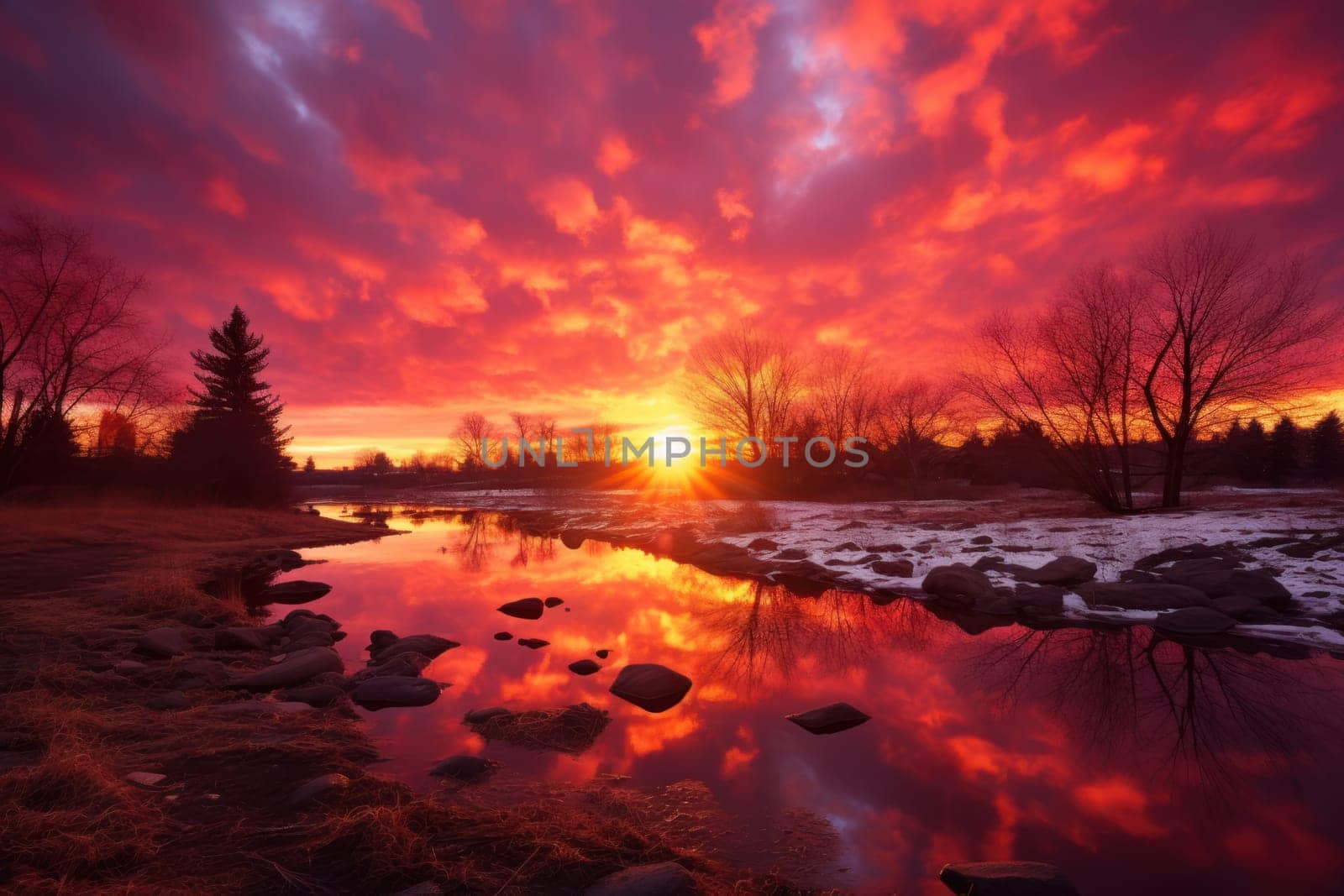 An exquisite visual representation of the winter skies, highlighting the unique color schemes and breathtaking beauty brought by the low-angled sun during winter sunrises and sunsets.