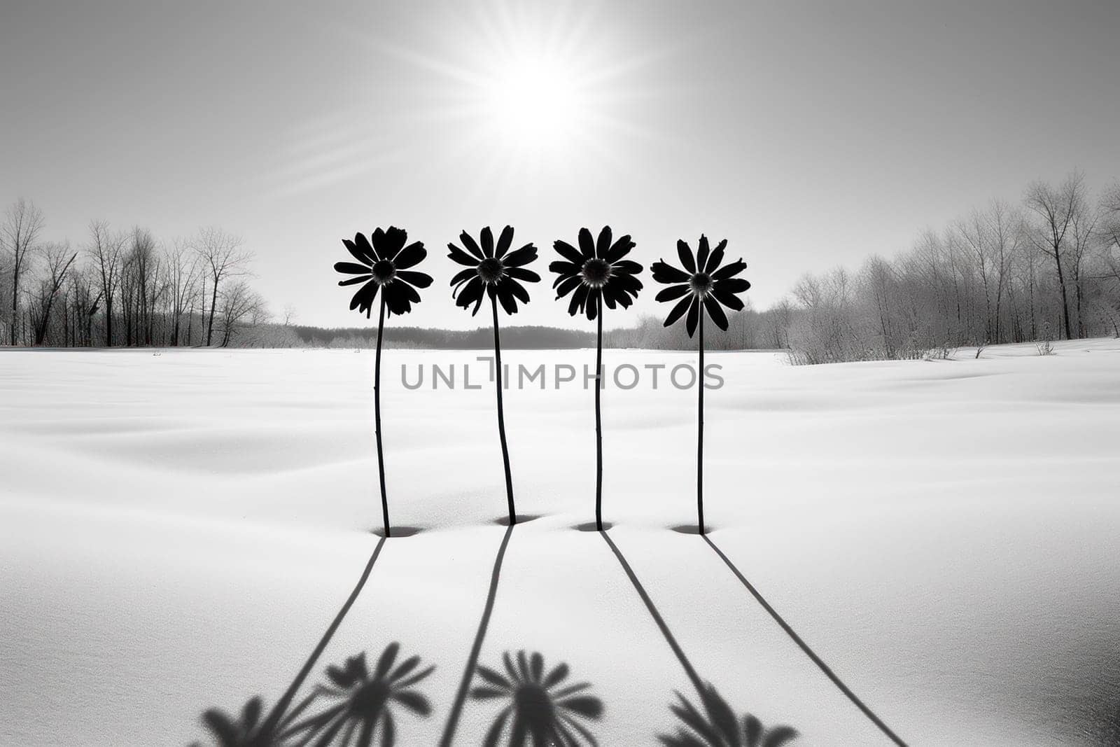 A striking visual display of the winter season, utilizing the extended shadows and sharp differences in lighting to craft captivating silhouettes against the snowy backdrop.