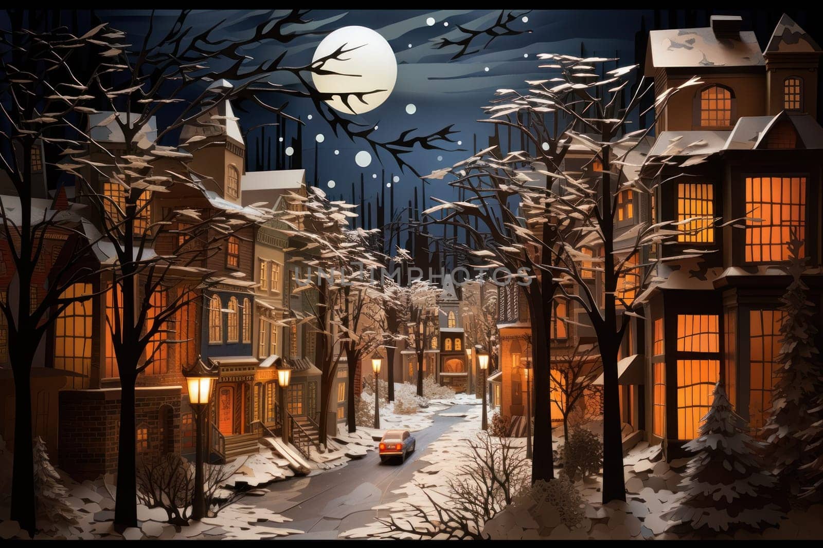 An evocative representation of urban life during winter, focusing on the enchanting vistas of city streets, buildings blanketed in snow, and the warm radiance of streetlights.