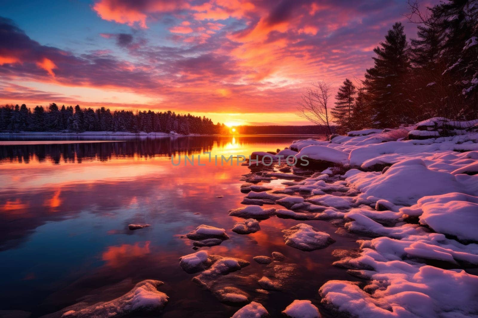 An exquisite visual representation of the winter skies, highlighting the unique color schemes and breathtaking beauty brought by the low-angled sun during winter sunrises and sunsets.