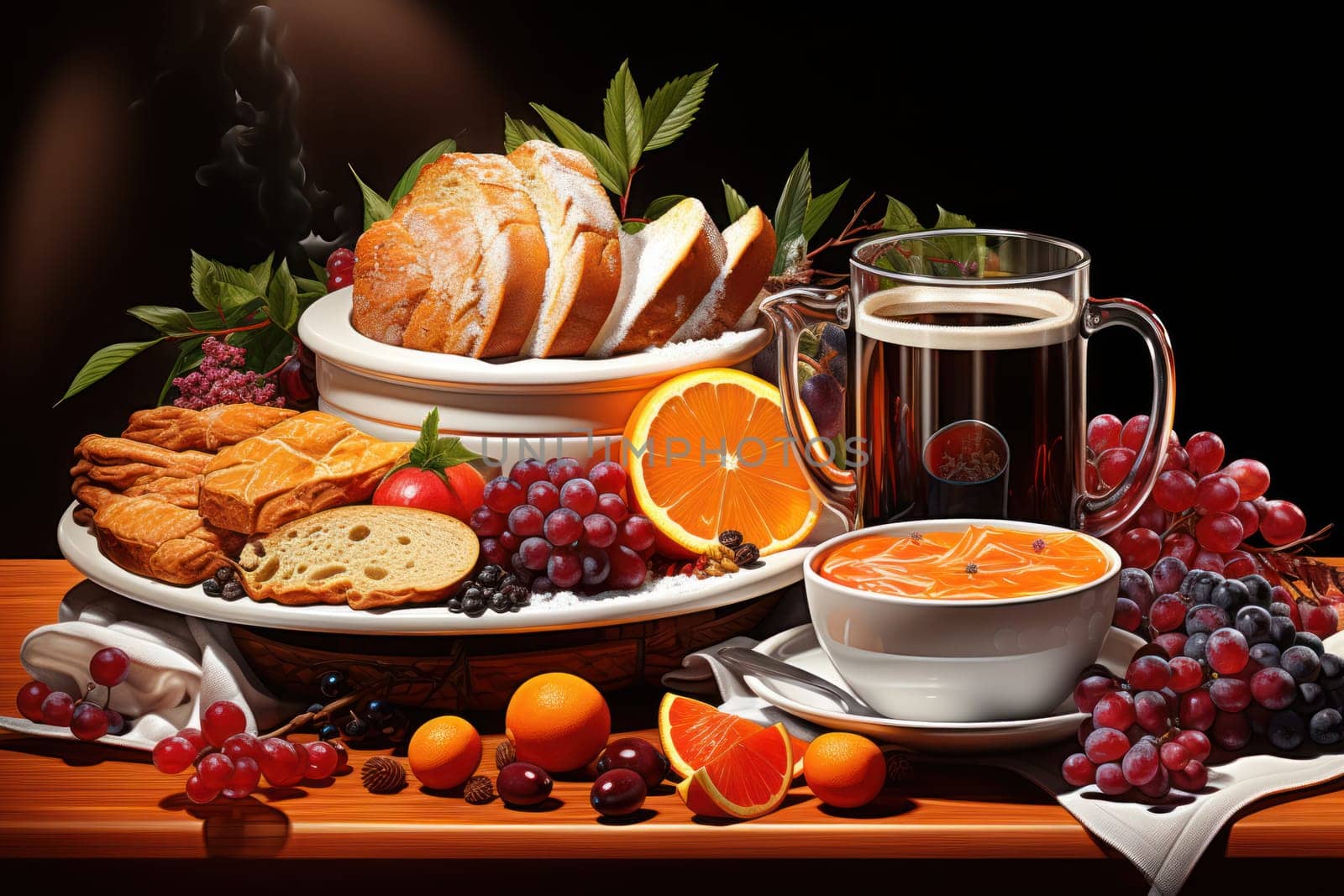 A mouthwatering portrayal of winter's culinary delights, showcasing the artful photography of winter-inspired dishes and beverages like hot soup, roasted chestnuts, and mulled wine.