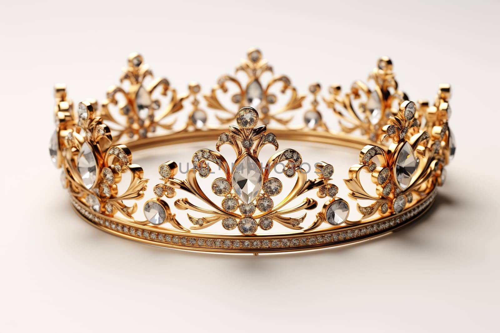 Elegant golden crown with precious stones on a white background. Generated by artificial intelligence by Vovmar