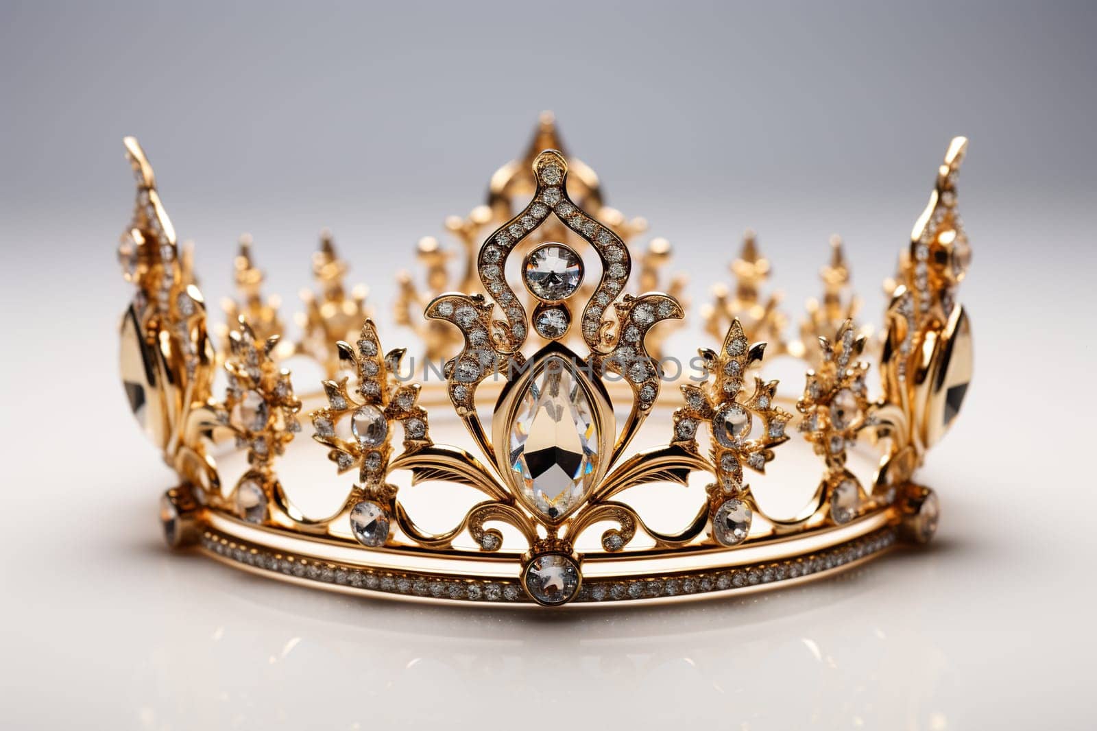 Golden crown with precious stones on a white background. Generated by artificial intelligence by Vovmar