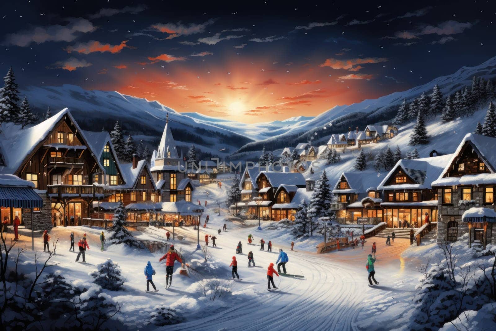 A dynamic portrayal of the winter wonderland at ski resorts, capturing the exhilaration and scenic beauty.
