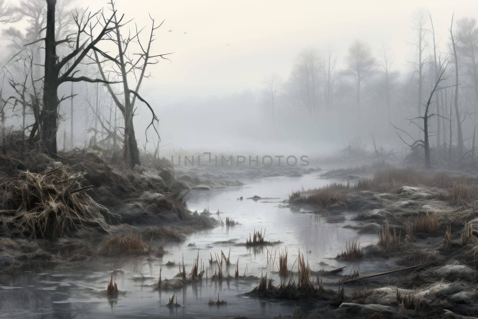 A captivating visual representation of the winter ambiance, focusing on the enigmatic allure of fog and mist enveloping the landscape, especially near bodies of water.