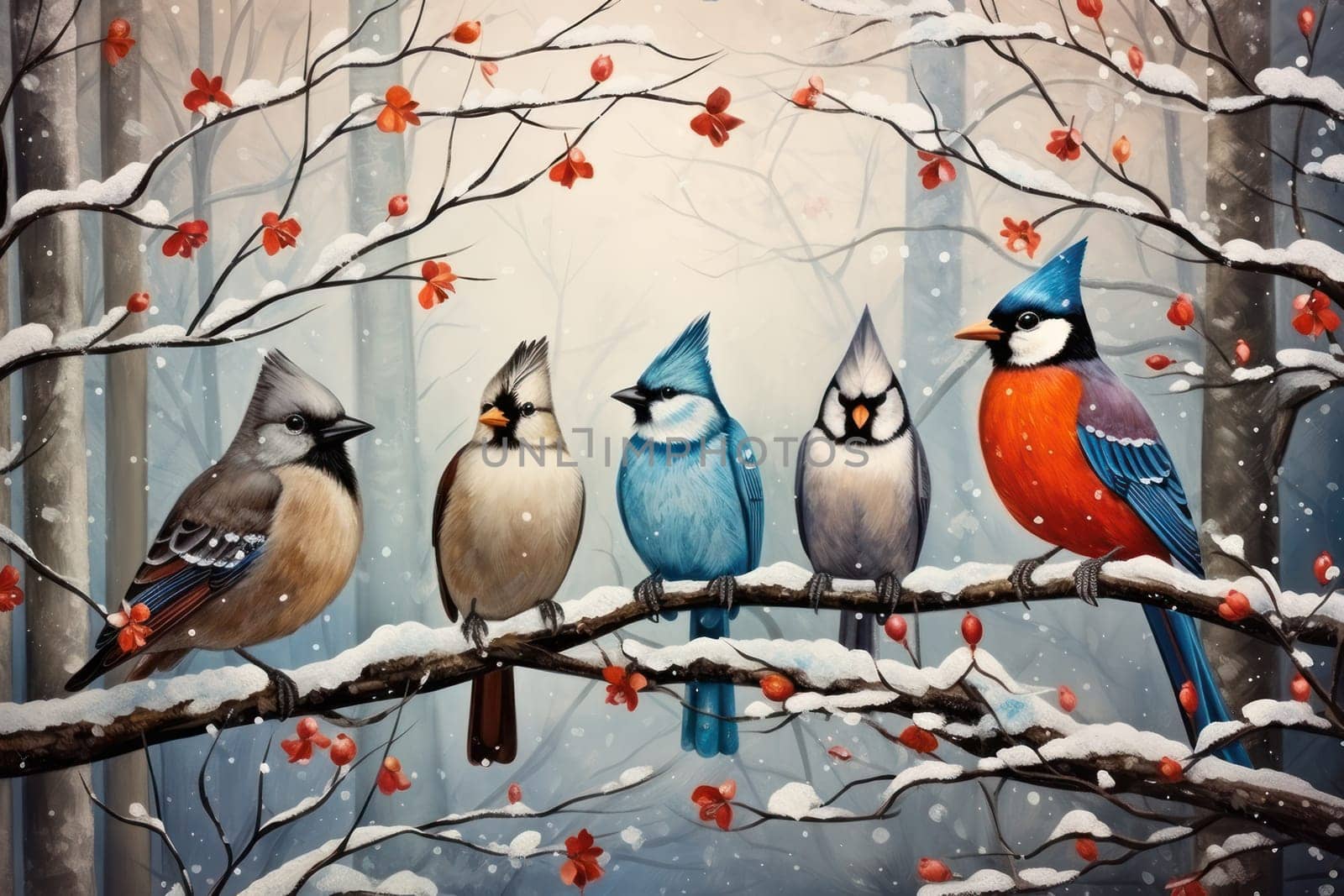 A stunning portrayal of winter's avian beauty, showcasing the artful photography of birds like cardinals, chickadees, and blue jays set against the pristine canvas of snow.