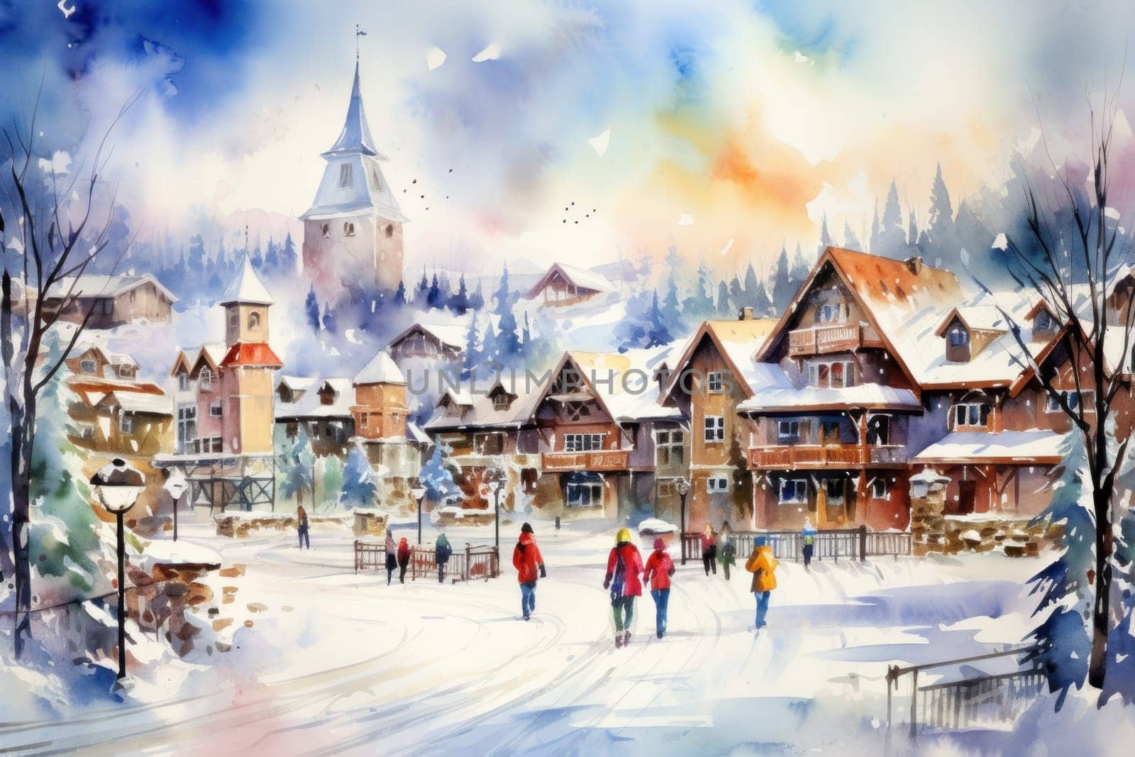 A dynamic portrayal of the winter wonderland at ski resorts, capturing the exhilaration and scenic beauty.