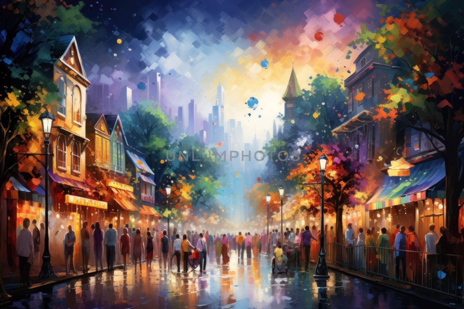 A vibrant depiction of the holiday spirit, capturing the lively ambiance of bustling markets and fairs adorned with festive decorations.