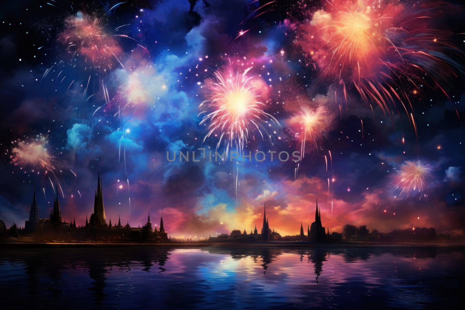 An electrifying display of winter's nocturnal splendor, featuring the dazzling spectacle of New Year's Eve fireworks and other seasonal celebrations.