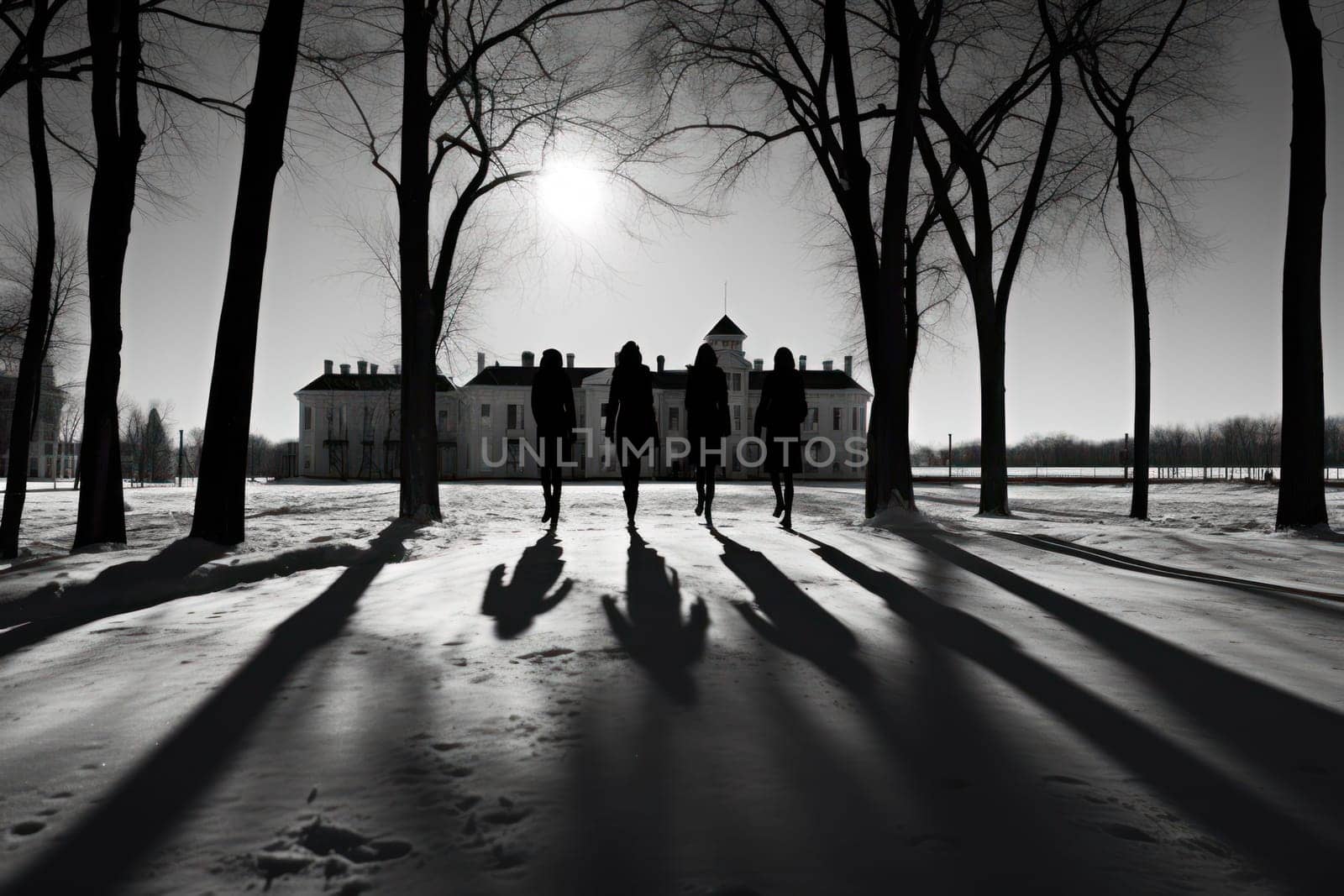 A striking visual display of the winter season, utilizing the extended shadows and sharp differences in lighting to craft captivating silhouettes against the snowy backdrop.